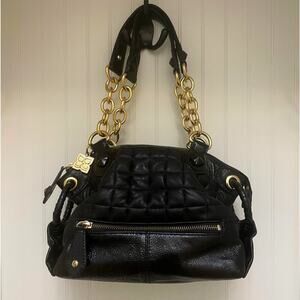 BCBGMAZARIA Quilted Shoulder Bag | Black Leather Patent Trim, Gold Chain Y2K